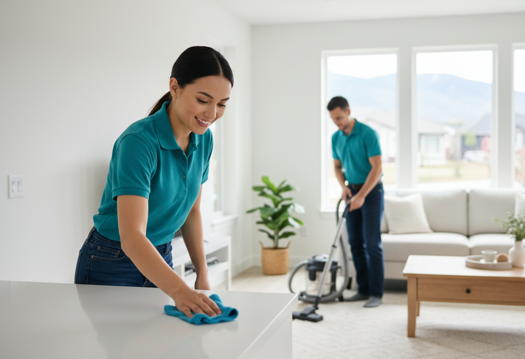 Shiny Clean LLC team providing professional residential cleaning services in a bright living room, wiping counters and vacuuming floors for a spotless home.